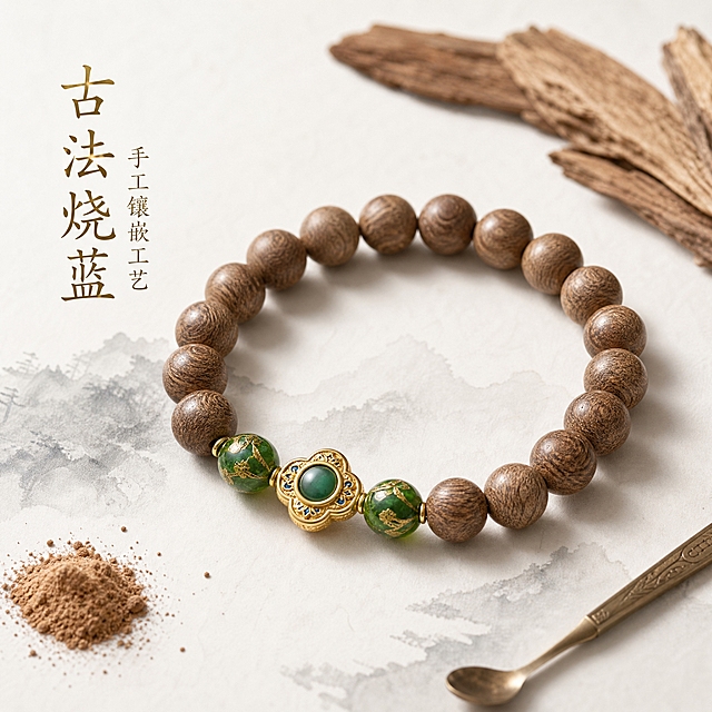 [主图-2] 核心材质与工艺展示，突出天然沉香木珠材质和古法烧蓝工艺。
[统一基调] 高级国风中式素雅风格，干净极简白色背景，柔和自然光，浅景深，8K高清商业静物摄影，细节细腻，柔和阴影，画面留白充足，无多余杂物。
[画面] 敦煌飞天文玩手串平放在浅水墨宣纸上，手串呈自然弧形展开，特写展示中间的古法烧蓝金色配珠和两侧绿色琉璃珠，金色配珠上的花纹细节清晰可见，绿色宝石通透温润。旁边散落几片沉香木片和一小撮檀香香粉，右侧放一把精致的铜制小香勺。画面视角为45度俯拍，主体占比约60%，重点突出配珠工艺细节和木珠纹理。
[光影质感] 柔和侧光照射，木珠表面纹理清晰，金色配珠的烧蓝工艺细节层次分明，宝石内部有通透光感，沉香木片有自然木质肌理，阴影柔和自然，微距摄影质感。
[配色] 主色调为米白、浅褐、金色、墨绿，整体素雅温润，背景为干净极简白色。
[文字版式] 画面左侧竖排两行文字，大字为「古法烧蓝」，小字为「手工镶嵌工艺」，字体为书法感宋体，字色为深金色，文字放在左侧留白区域，不遮挡主体。
[输出要求] 1:1正方形比例，2048*2048像素，产品清晰锐利，细节丰富，文字清晰可读。负向：配珠变形、工艺模糊、木珠纹理不清、颜色失真、塑料感、水印、平台Logo、杂乱背景。