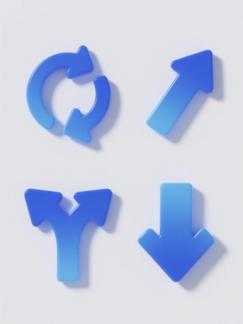 4个完全不同造型的蓝色箭头元素集合，保持3D立体渐变质感、光滑表面高光效果、统一蓝色调，箭头造型分别为：1.顺时针环形箭头 2.斜上指向箭头 3.分叉双箭头 4.带拐角直角箭头，所有箭头规整排列在纯白色纯色背景上，保持相同光照角度和阴影效果，整体风格统一，适合作为系列素材使用。预览效果