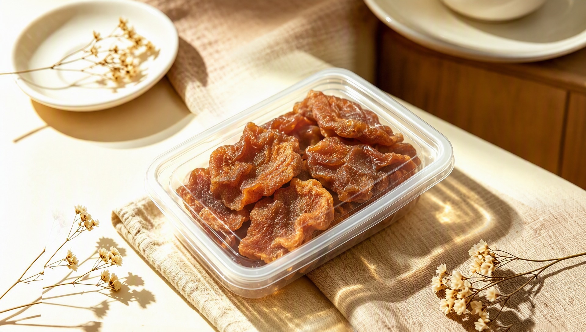 将图一透明塑料盒中的蜜饯产品替换为图二中的棕色片状果干产品，盒… - 图片创意预览