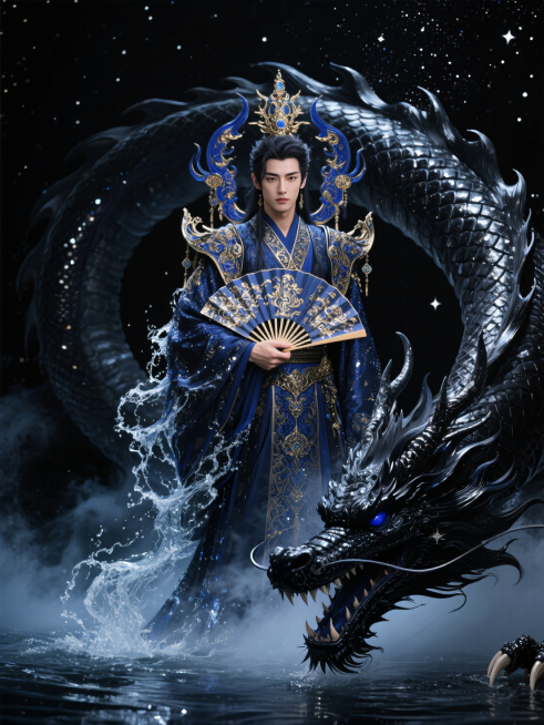 人物摄影，上半身。战斗姿态，准备进攻。水汽，水雾，金色流体。水神，掌握控制水的力量，帅哥，男性，身穿极其华丽的暗蓝色水神共工神装，身上散发着水汽，涌动着水流，身体被水包裹并相融，背后带有华贵的暗蓝金色预览效果