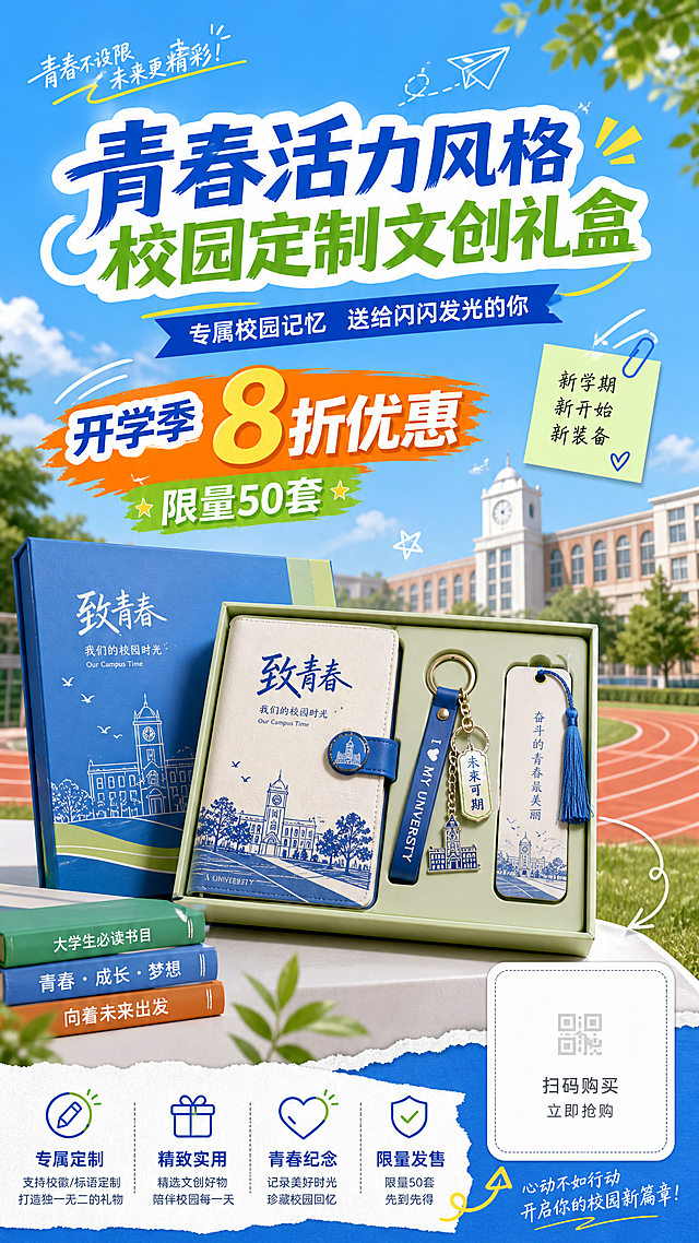 青春活力风格校园定制文创礼盒促销海报，面向在校大学生，整体采用活力青春校园色调，设计简洁醒目，信息层级清晰。海报包含文创礼盒产品实物元素，包含笔记本、钥匙扣、书签，带有清晰的促销文案"开学季8折优惠"和"限量50套"，在右下角预留出购买二维码的占位区域。