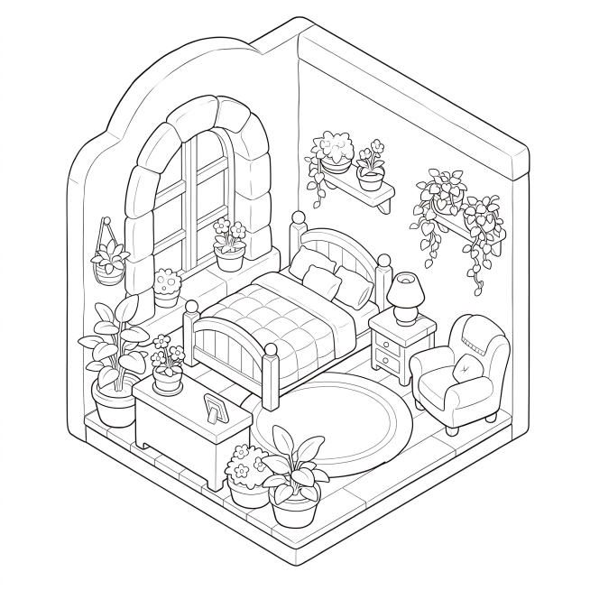 将这张温馨卧室插画转换成纯黑色线稿，保留所有物体轮廓和结构，去除填充色彩预览效果