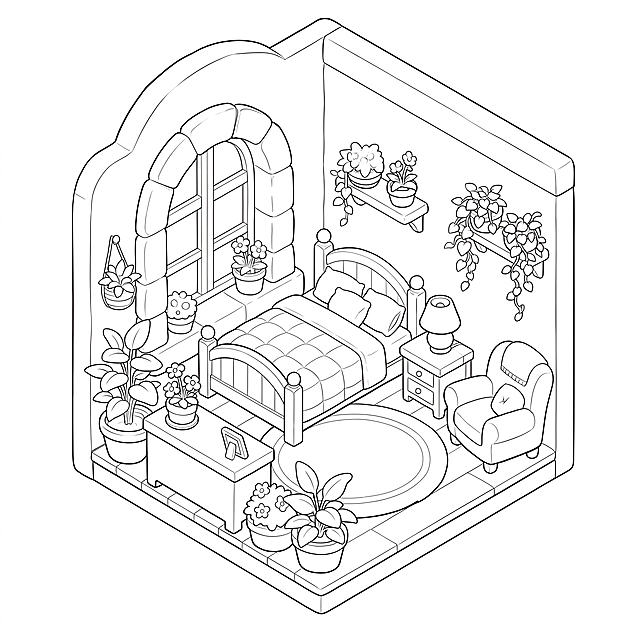 将这张温馨卧室插画转换成纯黑色线稿，保留所有物体轮廓和结构，去除填充色彩