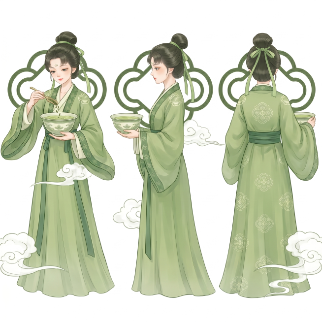参考原图风格，生成该古风茶女角色的三视图，包含正面、侧面和背面视角，保持原浅绿色汉服造型和茶文化元素，画风统一为古风工笔画预览效果