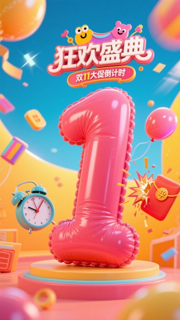 巨型玫红色气球质感数字 “1”，顶部设置 “狂欢盛典” 主题标签（带卡通装饰元素），搭配 “双11大促倒计时 ”文字，背景采用亮黄橙渐变，融入炫光、彩色闹钟、红包等装饰元素，整体营造紧迫的促销倒计时氛预览效果