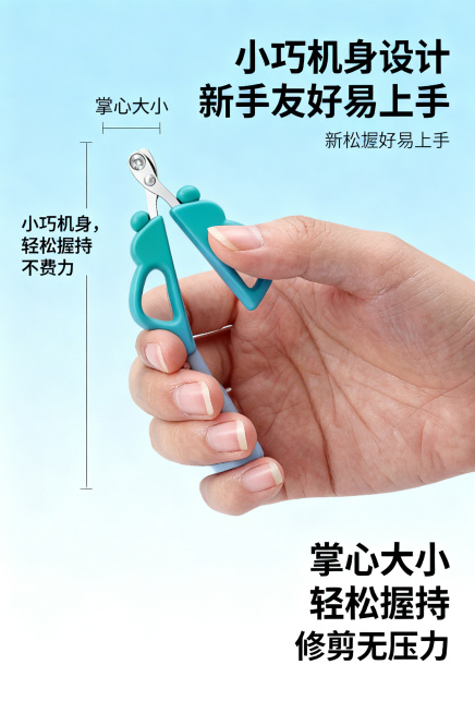 清新自然宠物护理风，严格还原上传产品图中鹦鹉指甲剪的小巧造型、尺寸所有细节，产品比例协调。指甲剪与成人手指同框对比，清晰展示 “掌心大小” 的迷你尺寸，搭配手掌握持指甲剪的实拍，标注 “小巧机身，轻松预览效果