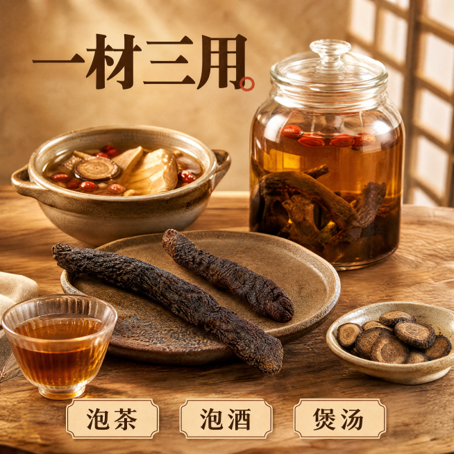 [主图-4] 肉苁蓉食用场景展示图
[氛围风格] 生活滋补场景，温暖有代入感
[画质] 商业摄影质感、光线柔和通透、产品清晰真实、画面干净高级
[元素] 整根肉苁蓉放置在粗陶茶盘旁，旁边搭配玻璃泡酒罐预览效果