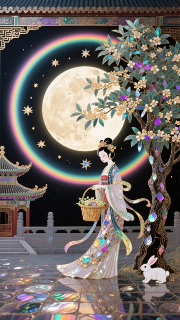 中式风格，华丽高耸的广寒宫外，嫦娥衣摆飘逸，手提着一个装满桂花的精致竹篮，她的旁边是一棵高达茂盛的大桂花树，小玉兔在桂花树下玩耍，广寒宫外的地面是宫砖，画面背景是一轮巨大的圆月，圆月在画面剧中的位置，预览效果