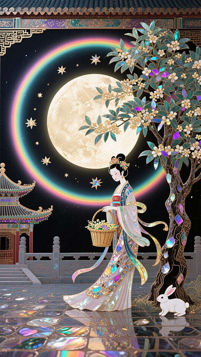 中式风格，华丽高耸的广寒宫外，嫦娥衣摆飘逸，手提着一个装满桂花的精致竹篮，她的旁边是一棵高达茂盛的大桂花树，小玉兔在桂花树下玩耍，广寒宫外的地面是宫砖，画面背景是一轮巨大的圆月，圆月在画面剧中的位置，天空有一些小星星，透视正确，画面饱满。
