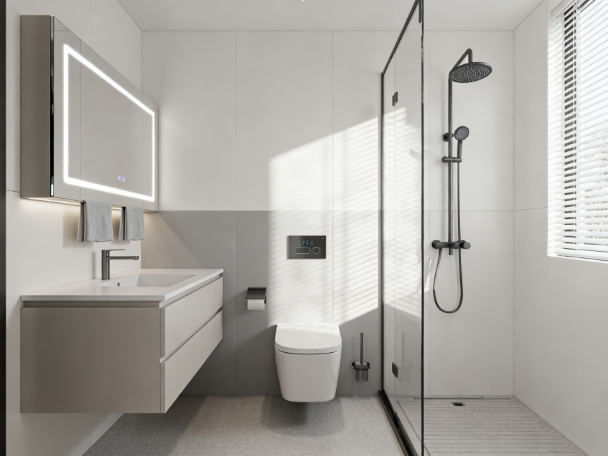 现代简约风格的别墅卫生间，整体干净整洁，采用浅灰、白色和哑光质感的建材，配备极简设计的卫浴设施，干湿分区合理，灯光柔和明亮，无多余复杂装饰，设计实用又高级，写实摄影风格，画面清晰有质感预览效果