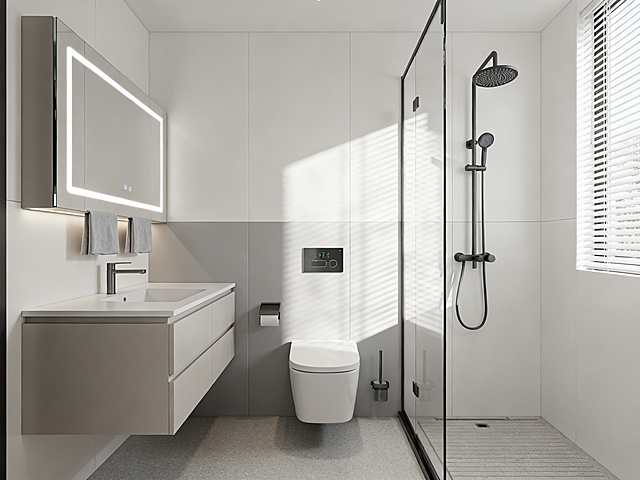 现代简约风格的别墅卫生间，整体干净整洁，采用浅灰、白色和哑光质感的建材，配备极简设计的卫浴设施，干湿分区合理，灯光柔和明亮，无多余复杂装饰，设计实用又高级，写实摄影风格，画面清晰有质感