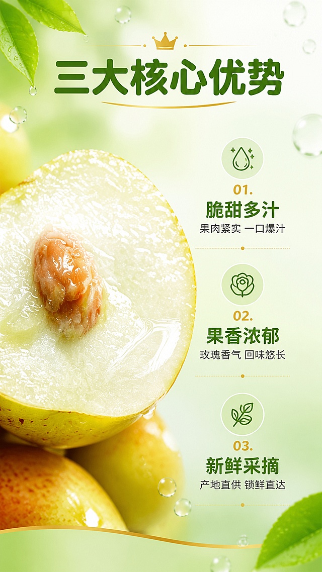 [第2屏] 核心卖点屏 - 阳光玫瑰青提品质优势拆解。本屏使用【图1】作为商品主体，突出果肉切面与汁水细节。
[氛围/风格] 清新高级生鲜风，水润通透，商业摄影质感，信息清晰有层次。
[元素布局] 画面左侧为青提切面特写（保留输入图的果肉通透感与果核细节），占比约45%；右侧为三大核心卖点图标+文字区；背景为浅青绿色渐变，点缀水滴、叶片元素；底部有细金线分隔；果实切面结构、颜色、质感与输入产品图一致。
[光影质感] 左侧柔光打亮切面，果肉纹理清晰，汁水高光明显，右侧文字区明亮均匀，整体干净通透。
[配色色系] 全局底色 #F1F8E9 浅嫩绿渐变；主色深绿标题；辅助色浅绿图标、金色点缀；字色深绿+深灰。
[视角构图] 左右分栏构图，左图右文，阅读动线从上到下逐点阅读。
[文字版式] 顶部大标题「三大核心优势」，温润圆角黑体深绿色。右侧三个卖点纵向排列：1. 图标+「脆甜多汁」副标+「果肉紧实 一口爆汁」说明；2. 图标+「果香浓郁」副标+「玫瑰香气 回味悠长」说明；3. 图标+「新鲜采摘」副标+「产地直供 锁鲜直达」说明；每个卖点配简约线性图标，文字清晰可读，字号适中。
[比例分辨率] 9:16 竖版比例，4K 分辨率，文字清晰可辨，高清画质。
[负向提示词] 果实变形，颜色偏差，水印，文字错乱，文字过小，产品图模糊，背景杂乱。