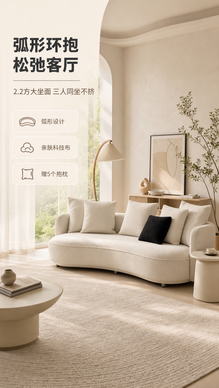 [商品] 使用【图1】奶油白色弧形休闲沙发；保留弧形环抱造型、… - 图片创意预览