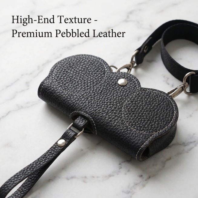 Luxury product shot of black leather sunglasses case, close-up on the textured pebble leather surfac预览效果
