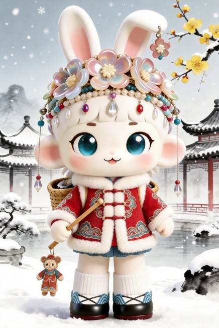 保留图中主体兔子玩偶，替换背景为古风冬季场景，融入落雪、古典园林、腊梅、水墨国风等冬季古风元素，制作成适合做海报的背景，整体风格和谐统一预览效果