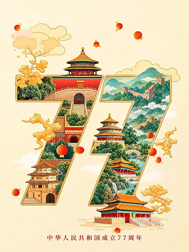 参考图风格，将顶部的英文"NATIONAL DAY"去掉，中间数字75改为77，底部文字"中华人民共和国成立75周年"改为"中华人民共和国成立77周年"，保持原有的国潮插画风格、中国风建筑元素、祥云、灯笼、暖黄色背景等所有视觉元素和构图风格不变，数字77内部填充中国传统建筑与山水风景，金色描边，整体喜庆大气的国庆主题插画