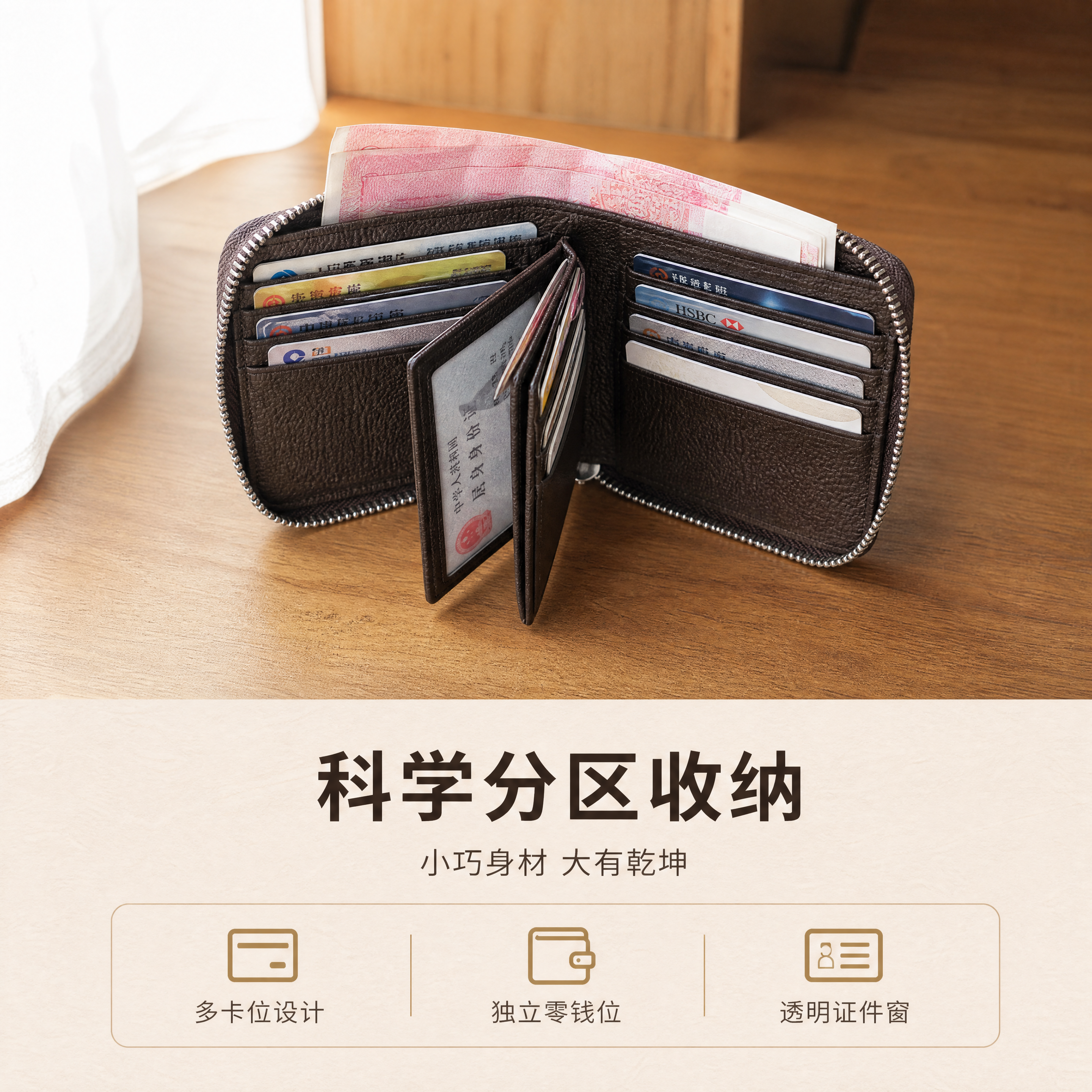 [商品] 使用【图3】啡色短款拉链钱包打开状态；商品处理：保留… - 图片创意预览