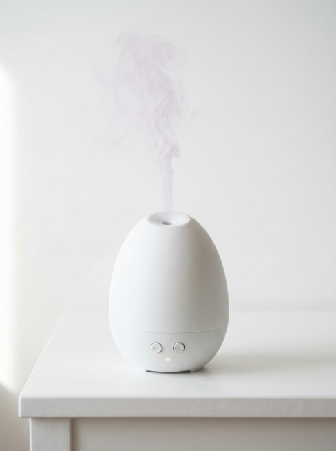 极简白色桌面香薰机，圆润蛋形哑光白机身，底部双按键+指示灯，顶部出雾口飘出淡紫色细腻香薰雾，纯白背景，柔和侧光，浅淡阴影，日系无印良品风格，干净通透，8K高清产品摄影，浅景深，构图居中，突出简约治愈质预览效果
