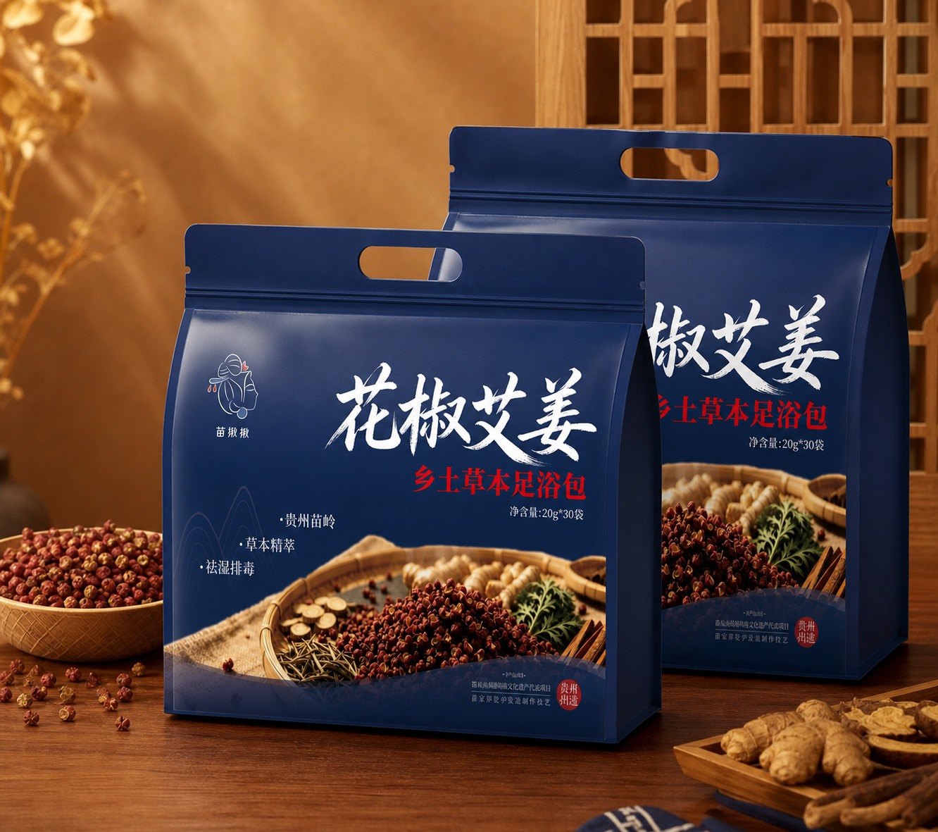 将图2的深蓝色花椒艾姜足浴包平面设计图，制作成图1同款的双袋立… - 图片创意预览