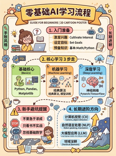 手账风格“零基础AI学习流程”卡通科普海报，放置在圆角边框内，温柔清新2D手绘卡通风格，线条圆润色彩明亮。内容呈现完整的AI学习层级：入门准备、核心学习3步走、新手避坑提醒、长期进阶方向，用数字、圆润预览效果
