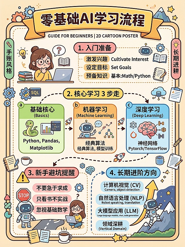 手账风格“零基础AI学习流程”卡通科普海报，放置在圆角边框内，温柔清新2D手绘卡通风格，线条圆润色彩明亮。内容呈现完整的AI学习层级：入门准备、核心学习3步走、新手避坑提醒、长期进阶方向，用数字、圆润矢量图形、虚线箭头和圆角形状排版体现递进关系，搭配AI相关卡通插图辅助说明，四周环绕机器人、笔记本、工具等主题小素材，彩色圆角说明框配有对应的简短中英文说明，中文文字笔画清晰锐利，和背景高对比度，排版清爽有序，印刷品质