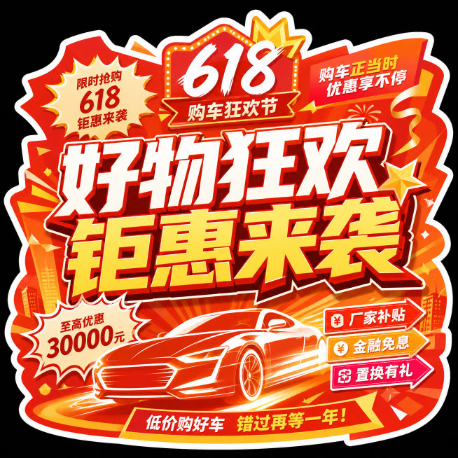 异形手举牌设计，618购车狂欢促销风格，橙红色喜庆背景，画面主文字为"好物狂欢 钜惠来袭"，设计醒目活泼，适合手持展示预览效果