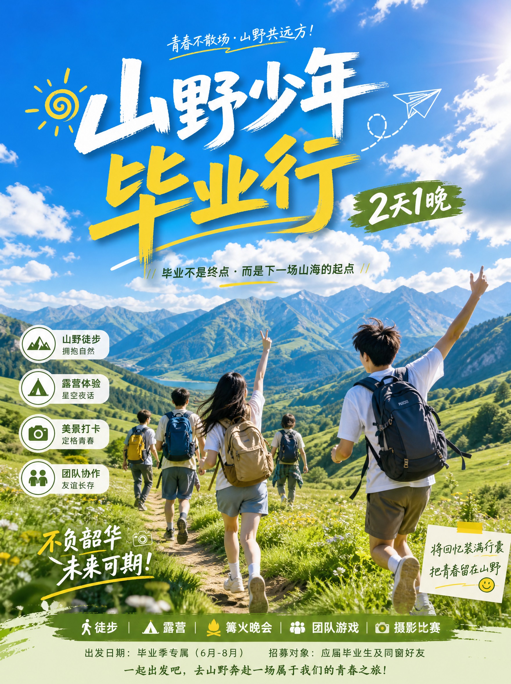 毕业旅行海报设计，主题是"山野少年毕业行 2天1晚"，户外青春… - 图片创意预览