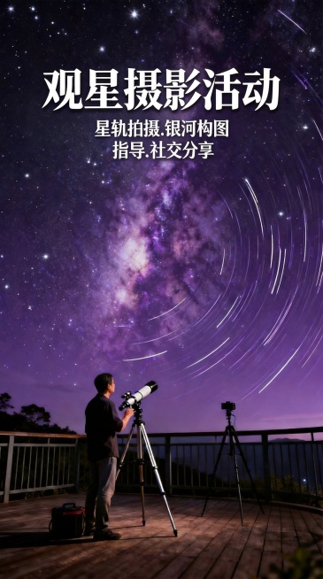 将海报第一行文字改为“观星摄影活动”，第二行改为“星轨拍摄.银河构图 指导.社交分享”，删除最下方文字，其余画面元素保持不变预览效果