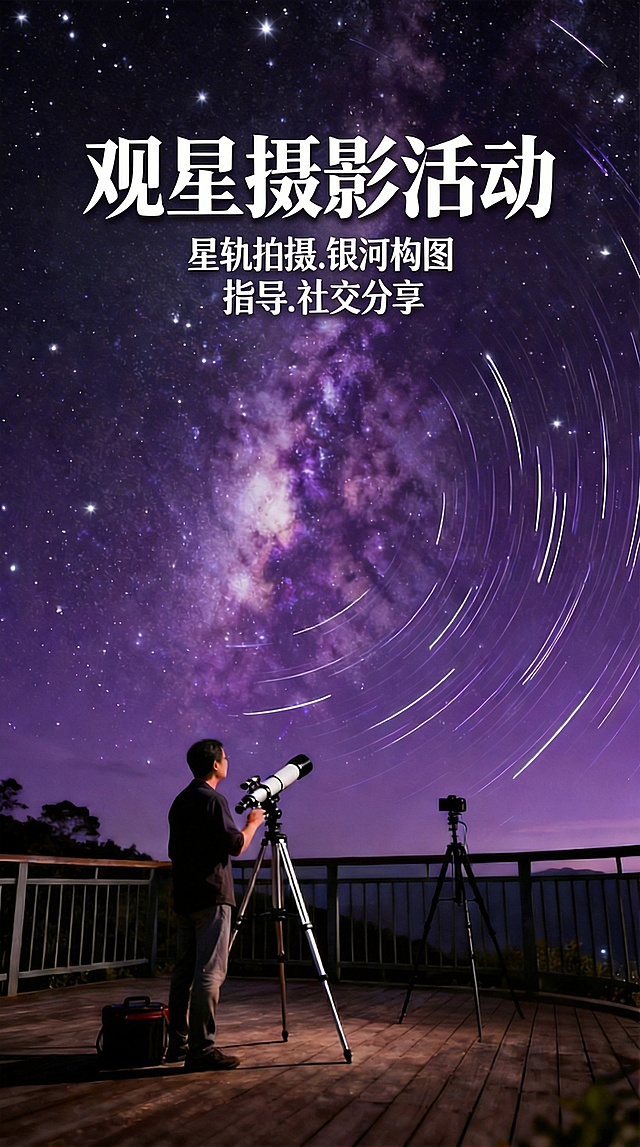 将海报第一行文字改为“观星摄影活动”，第二行改为“星轨拍摄.银河构图 指导.社交分享”，删除最下方文字，其余画面元素保持不变