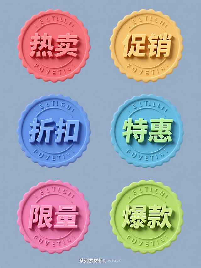 纯色背景，保持圆形印章式设计风格，6个不同元素内容的系列素材规整排布。每个印章采用不同整体色彩，包含"热卖"、"促销"、"折扣"、"特惠"、"限量"、"爆款"文字，中文采用立体艺术字设计，英文环绕排列，保持印章的立体感和正式感，整体设计简洁明了，信息传达高效，适合商业宣传使用。