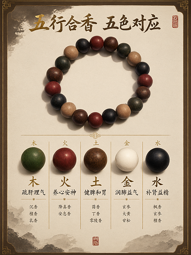 [商品] 使用【图1】五行珠合香手串；保留五色圆珠、圆形手串结构、天然药香颗粒哑光质感；增强珠子色彩饱和度和材质纹理。
[画面] 五行配方详解页，目标是清晰传达五色珠对应五行的文化内涵和香方成分。画面上方居中展示完整手串，占画面约30%。手串下方竖向排列五行对应信息，从左到右五列，每列对应一行：第一列木行（绿色珠），第二列火行（红色珠），第三列土行（褐色珠），第四列金行（白色珠），第五列水行（黑色珠）。每列上方是一颗放大的对应颜色珠子特写，中间是五行名称（木火土金水）和对应脏腑/功效，下方是主要香方成分。每列之间用细金线分隔。背景为浅米色宣纸纹理。
[视觉] 套系策略：风格=国风禅意高级商业摄影；标题字=书法感宋体；正文字=简约宋体；主色=深褐宣纸色；背景延展=基于深褐做深浅层级、水墨晕染、宣纸纹理质感；强调色=暗金色，仅用于小面积标题、引线和装饰线条；标题色=暗金色；正文色=深褐色；组件=细线分割、印章式装饰、古典边框；光影=均匀柔光，信息清晰可读。
[文字] 顶部主标题「五行合香 五色对应」，书法体暗金色，居中。每列珠子下方：木行配「木·疏肝理气 沉香 檀香 乳香」，火行配「火·养心安神 降真香 安息香」，土行配「土·健脾和胃 茴香 丁香 零陵香」，金行配「金·润肺益气 玄参 大黄 甘松」，水行配「水·补肾益精 枫香 玄参 檀香」。所有文字横排，宋体深褐色，层级分明。
[规格] 图片比例3:4竖版，4K高清，避免变形、错字、文字过小、冷蓝背景、珠子颜色错乱、信息排版拥挤、平台logo水印。