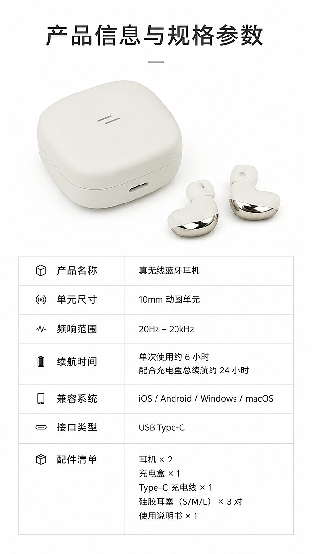 [第8屏] 产品规格参数与配件清单，最后一屏收尾。本屏使用【图1】作为产品展示。[氛围/风格] 简约参数页，清晰工整，专业干净。[元素布局] 上半部分放置完整耳机和充电盒产品图，保持产品外观配色与原图一致；下半部分排列参数表格：产品名称、单元尺寸、频响范围、续航时间、兼容系统、接口类型、配件清单。参数信息通用合理，不虚构参数。[光影质感] 均匀平光，产品清晰，表格干净易读。[配色色系] 全局底色 #FFFFFF；主色深灰文字，浅灰表格线，产品原有颜色保留。[视角构图] 上下构图，上产品下参数，符合电商阅读习惯。[文字版式] 顶部标题「产品信息与规格参数」，参数表格对齐工整，文字清晰可辨。[比例分辨率] 9:16竖版比例，4K分辨率，高清画质。[负向提示词] 产品变形，表格错乱，文字模糊，颜色偏差