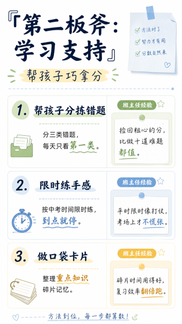 竖版清爽悦目的读书笔记风格海报，主标题「第二板斧：学习支持」副标题「帮孩子巧拿分」，干净留白分栏排版，每个要点配班主任经验：1. 帮孩子分拣错题：分三类错题，每天只看第一类。班主任经验：捡回粗心的分，预览效果