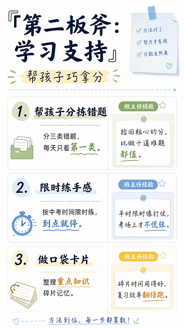 竖版清爽悦目的读书笔记风格海报，主标题「第二板斧：学习支持」副标题「帮孩子巧拿分」，干净留白分栏排版，每个要点配班主任经验：1. 帮孩子分拣错题：分三类错题，每天只看第一类。班主任经验：捡回粗心的分，比做十道难题都值。2. 限时练手感：按中考时间限时练，到点就停。班主任经验：平时限时像打仗，考场上才不慌张。3. 做口袋卡片：整理重点知识碎片记忆。班主任经验：碎片时间用得好，复习效率翻倍跑。背景干净白色，文字清晰舒适，符合中学生和家长喜欢的简约清爽读书笔记风格
