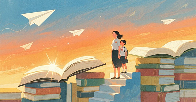 插画风与水彩风融合，拟人化的书本阶梯通向梦幻天空，师生牵手仰望飞舞的纸飞机，温暖日落映衬励志成长，传递温馨与希望。