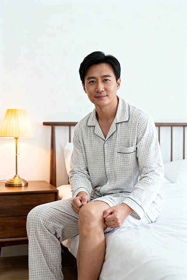 Professional photography, front view, person facing viewer and looking at camera, pure white background, studio lighting, 8K, sharp focus。A Chinese person at home, facing viewer with a calm, releasing expression. Sitting on the edge of a bed wearing loungewear, hands in soft fists pressing against the inner top of thighs. A warm reading lamp is on the nightstand beside him/her. Pure white background.