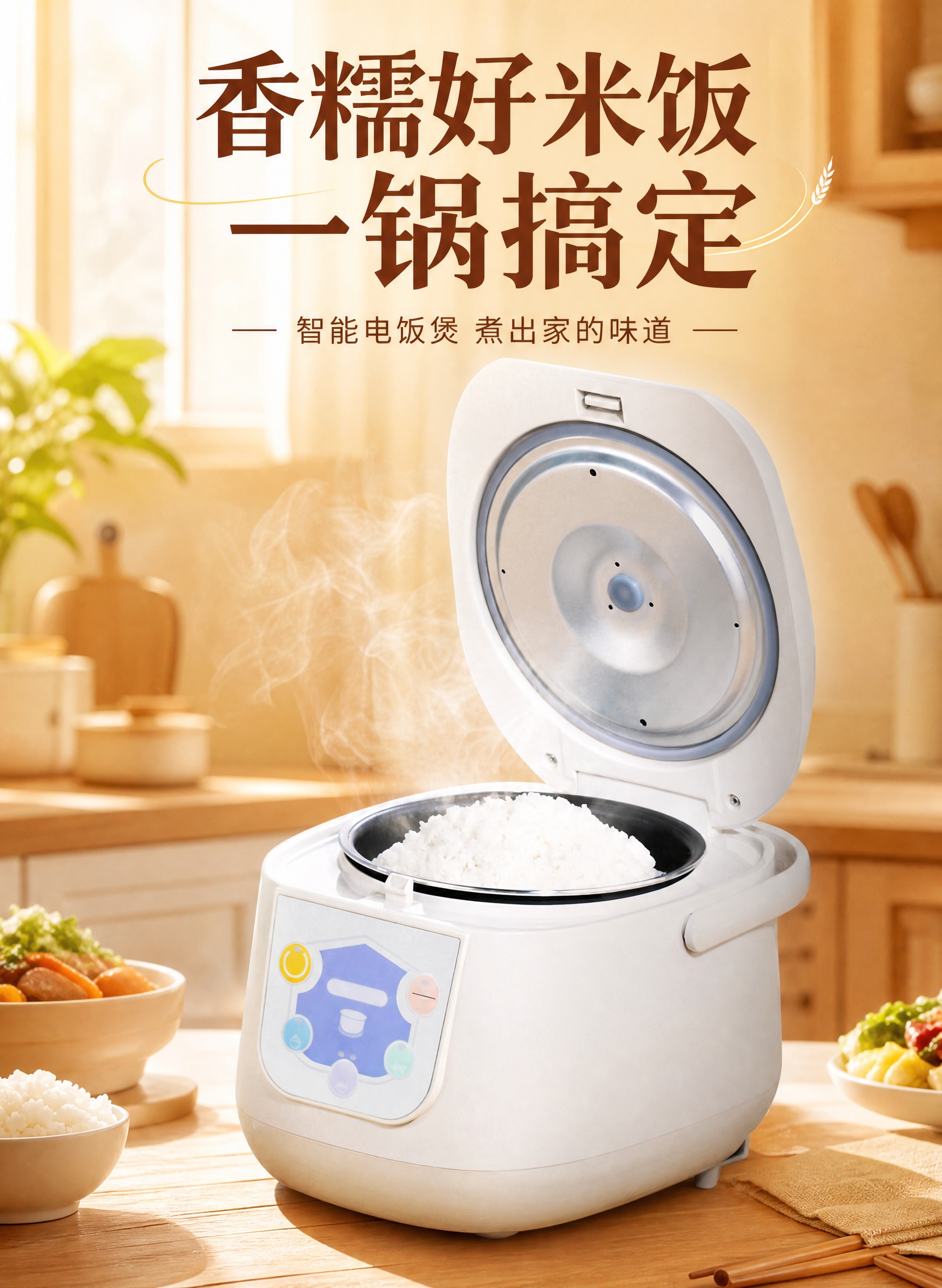 为图中的电饭煲制作一张精美的电商宣传海报。画面主体为白色电饭煲… - 图片创意预览