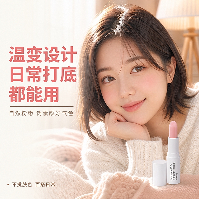[主图-4] 女生微笑展示唇部，温变款呈现自然粉嫩伪素颜效果，突出温变设计和日常打底用途。
[统一基调] 秋冬暖调清透风格，主色为奶杏白+浅粉棕，辅助色为淡粉色，强调色为暖珊瑚粉；字体为干净非衬线体，标题粗体大号，辅助文缩小50%以上；整体柔光自然窗光质感，水润清透，专业品质感。
[画面] 近景画面，同一位亚洲年轻女性（齐肩短发，米白针织毛衣），面带自然微笑，唇部呈现自然粉嫩的好气色，是温变润唇膏带来的伪素颜效果。女生轻轻托着下巴，眼神温柔自信，背景是秋冬室内温暖场景，有落地灯的暖光和毛毯元素。画面右下角放置一支白色管身的润唇膏（与输入产品外观一致），膏体旋出呈淡粉色，与唇部粉嫩色调呼应。人物占画面约60%，产品占画面约20%，整体氛围温暖治愈。
[光影质感] 暖调侧逆光，人物发丝有金边，面部光影柔和，唇部有自然光泽，产品表面有暖光反射，整体温馨有质感。
[配色] 暖米白+浅棕色调为主，自然粉嫩唇色点缀，暖珊瑚粉标题字色。
[文字版式] 画面左侧大字号粗体标题："温变设计 日常打底都能用"；标题下方小号辅助文："自然粉嫩 伪素颜好气色"；底部小字标注："不挑肤色 百搭日常"。文字放在左侧和底部负空间，不遮挡人物面部。
[输出要求] 1:1正方形比例，文字清晰可读，产品外观与输入图一致，人物面部自然无畸形，表情自然，无水印，无平台Logo，无夸张表达。