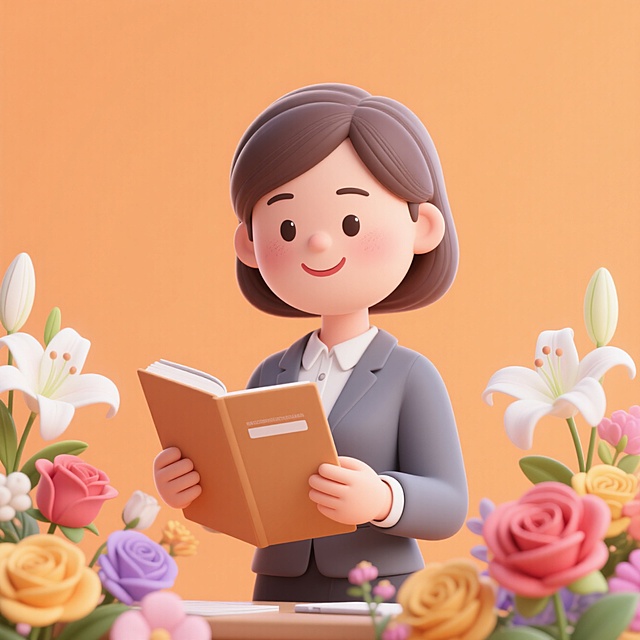 一个女老师拿着教案，周围有鲜花环绕，温馨感，背景浅橙色