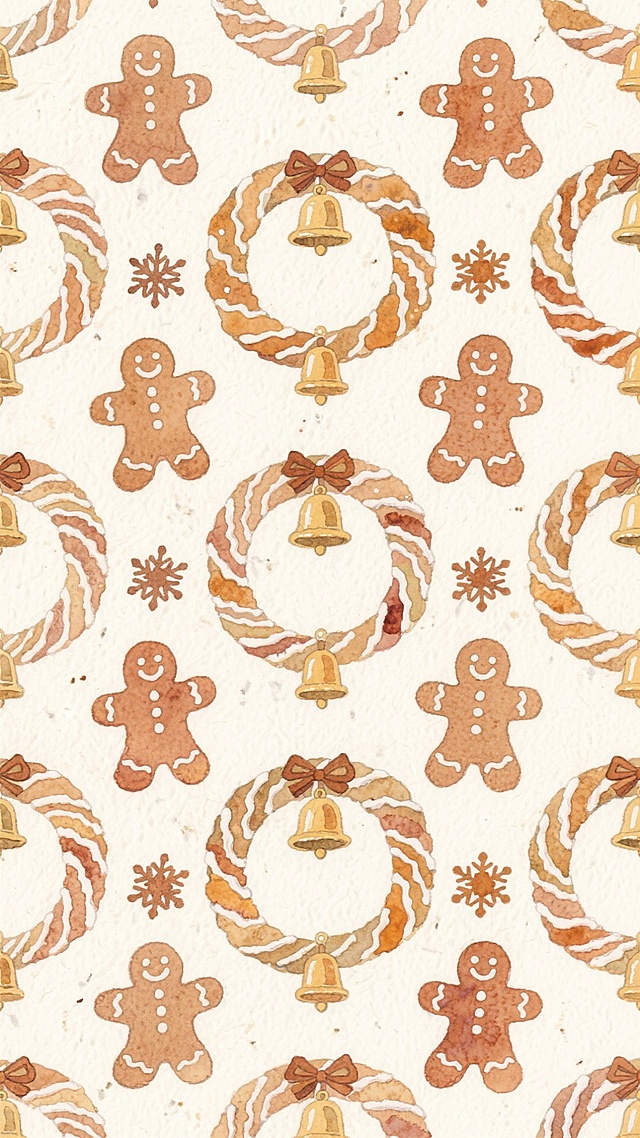重复排布姜饼人造型花环（嵌糖霜纹）、肉桂色铃铛，配焦糖色雪花，温暖质朴的圣诞无缝图案