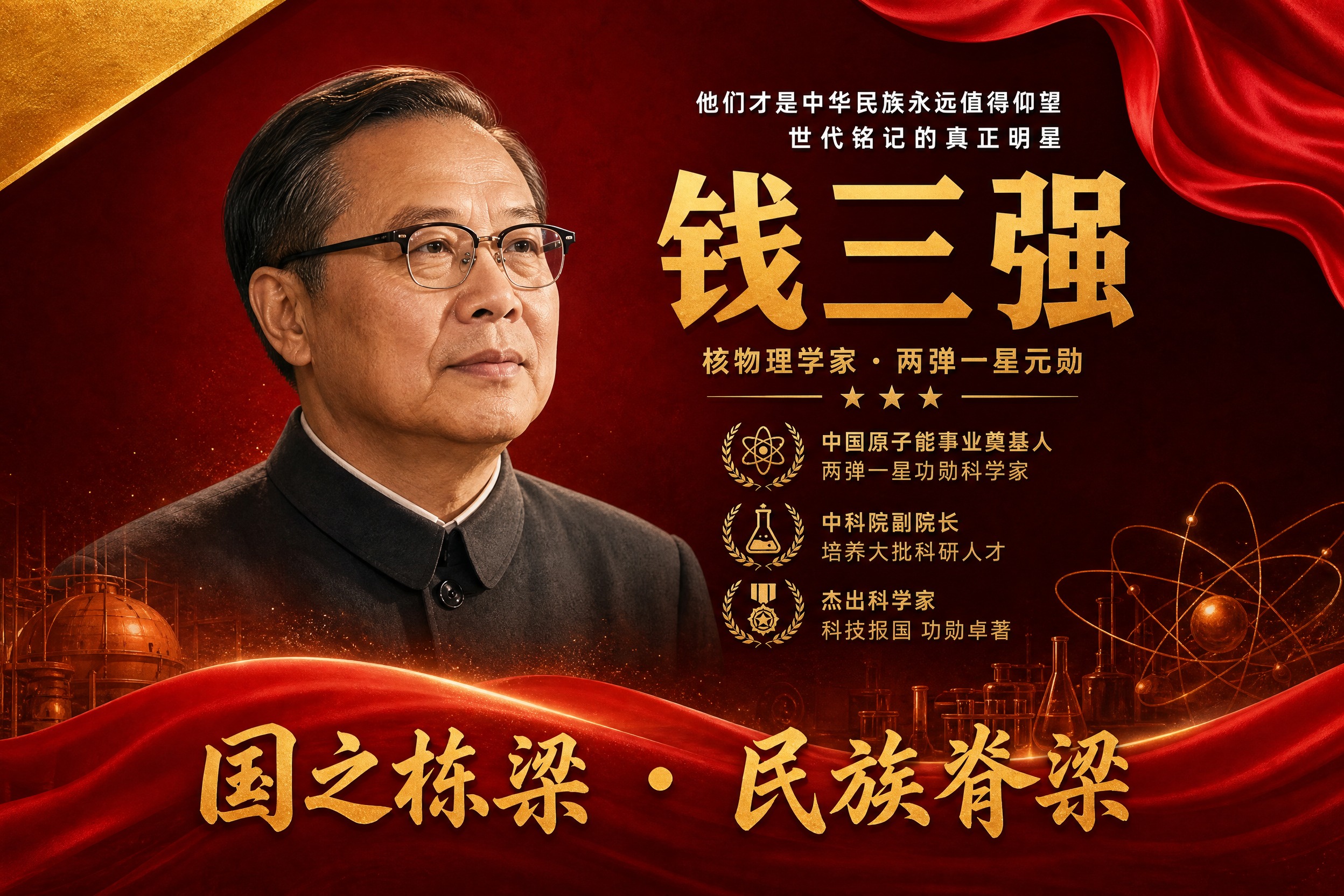 横版国之栋梁人物挂画海报，钱三强主题，参考图风格复刻，红金配色… - 图片创意预览