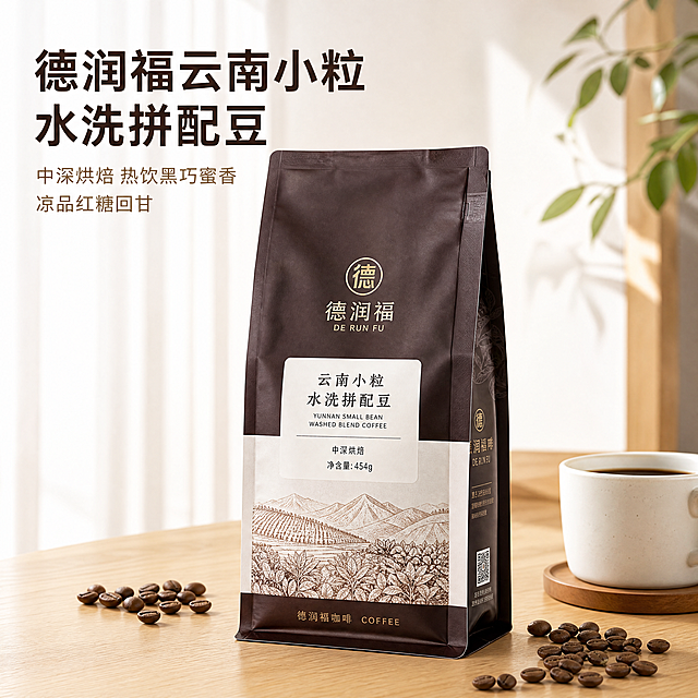 [主图-1] 德润福云南小粒水洗拼配豆首图。氛围风格：干净自然的食品电商风格，突出产品品质感。画质：商业摄影质感，光线柔和通透，产品清晰真实，画面干净高级。元素：一袋包装好的德润福云南小粒咖啡豆居中展示，包装设计简约大方，左上角预留位置放置品牌名，画面右侧浅棕色木质桌面搭配白色陶瓷咖啡杯和几颗散落的咖啡豆，营造新鲜烘焙的氛围。商品主体占比严格控制在60%-80%之间，画面满屏无边框。光影：柔和的自然光从左侧照射，突出咖啡豆的质感和包装细节，阴影过渡自然，整体明亮通透。配色：主色调为深棕和米白，辅助色为浅木色，整体温暖柔和，符合咖啡产品调性。视角构图：平视视角，景深适中，产品轮廓完整不裁切。文字版式：左上角左对齐，大字："德润福云南小粒
水洗拼配豆"，深棕色粗体无衬线字体；下方小字："中深烘焙 热饮黑巧蜜香
凉品红糖回甘"，字体缩小一半，浅棕色，保持强对比清晰可读。比例分辨率：1:1比例，4k分辨率，文字清晰可辨，超高清。负向提示词：变形，水印，文字错乱，产品图模糊，背景杂乱，绝对化违禁用语。