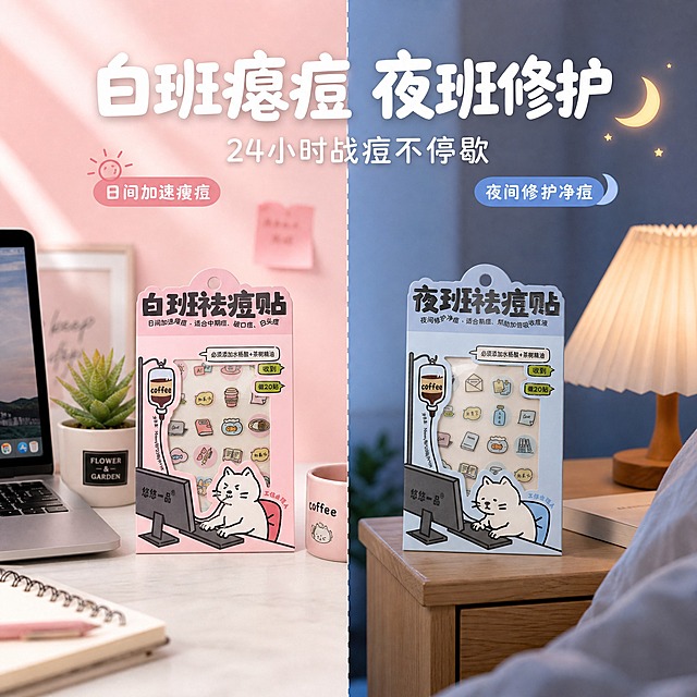 [主图-4] 使用场景 日夜双效 打工人祛痘场景
[统一基调] 马卡龙粉蓝主色调 可爱治愈风格 圆润卡通字体 干净非衬线体 柔和柔光箱光影 产品真实质感 淘宝1:1主图
[画面] 画面左右分栏 左侧日间场景 粉色调 办公桌一角 电脑旁放着白班祛痘贴包装 旁边有咖啡杯和小绿植 右侧夜间场景 蓝色调 床头柜上放着夜班祛痘贴包装 旁边有小台灯和月亮图案 中间用虚线日夜分割线 两款产品各在对应场景中自然摆放 产品占比约30% 主标题大字在上方 白班瘪痘 夜班修护 副标题小字 24小时战痘不停歇
[光影质感] 左侧日间自然光明亮柔和 右侧夜间暖光台灯氛围 产品在各自场景中光影自然 无悬浮感
[配色] 左半粉调 右半蓝调 中间自然过渡 文字白色或深灰依背景而定
[文字版式] 主标题跨栏居中上方 左右两侧各有小标签 日间加速瘪痘 夜间修护净痘 文字不遮挡产品
[输出要求] 1:1正方形 2048x2048 场景自然 产品融入真实 文字清晰 无水印无平台logo