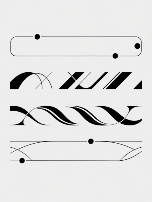 极简风格黑白装饰分割线系列素材集合，纯白纯色背景，4个完全不同造型的同元素内容垂直排布，每个分割线均由对称的几何图形与流畅曲线组合构成，包含圆点、线条等装饰元素，线条粗细均匀，边缘清晰锐利，间距相等，整体呈现简洁、专业、具有设计感的视觉效果，适合用于排版分隔、页面装饰或内容区隔。预览效果
