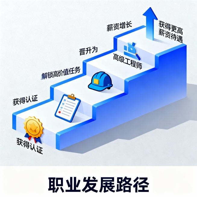 从获得认证到解锁高价值任务到晋升为高级工程师最后获得更高的薪资待遇的整个流程图，帮我生成一种阶梯式的图片预览效果