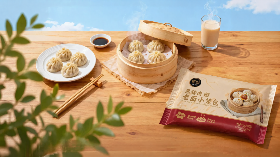 去掉图片右下角的水印和散落的芝麻，移除原位置盘子里的手抓饼，将黑猪肉老面小笼包产品包装袋自然躺放在桌面原位置，保持整体木质桌面场景、光影氛围和其他食物位置不变，产品光影与场景光线一致，边缘自然融合预览效果