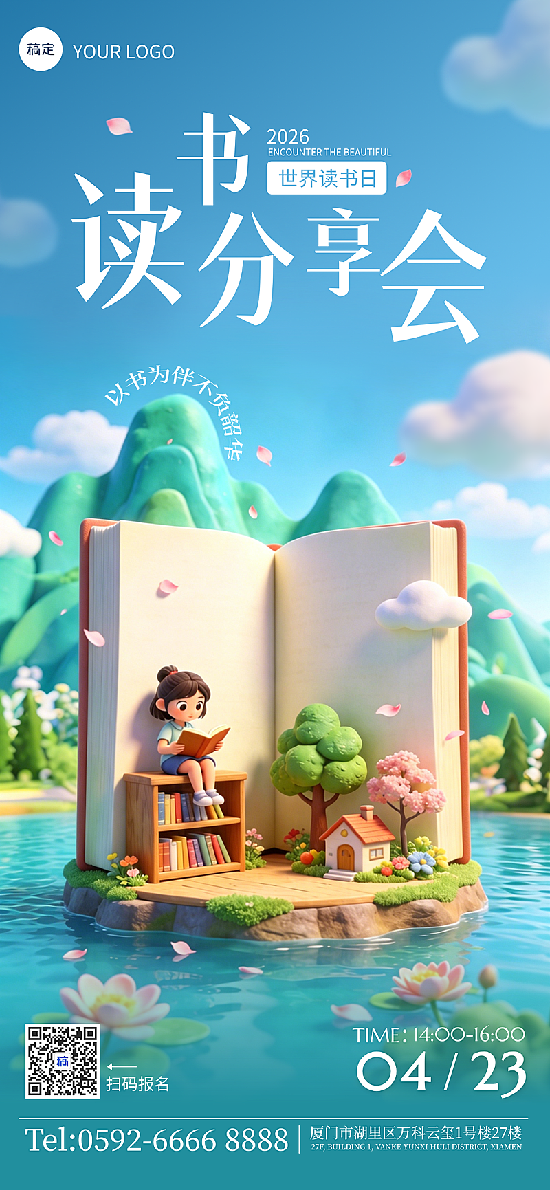 3D风格世界读书日图书馆书店学校社区活动竖版海报