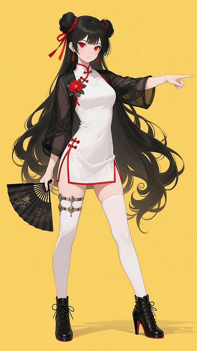 动漫风格少女立绘，纯黄色背景，黑发双丸子头配红色发带，垂落的长卷发末端呈螺旋状，红色眼瞳，表情冷峻，身着白色改良旗袍边缘有红色镶边，外罩黑色半透明开衫，左襟别着红色花朵装饰，右手持黑色折扇，左手向前伸出指向侧面，大腿处有金属装饰腿环，穿着过膝白色长筒袜和黑色系带高跟短靴，整体线条流畅，色彩鲜明，人物姿态优雅自信，具有鲜明的二次元美学特征。