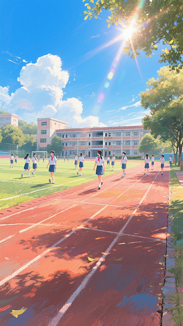 蓝天白云 一束强烈的阳光洒在跑道上  教学楼 操场  学生
树荫围绕 高饱和度 细腻 治愈