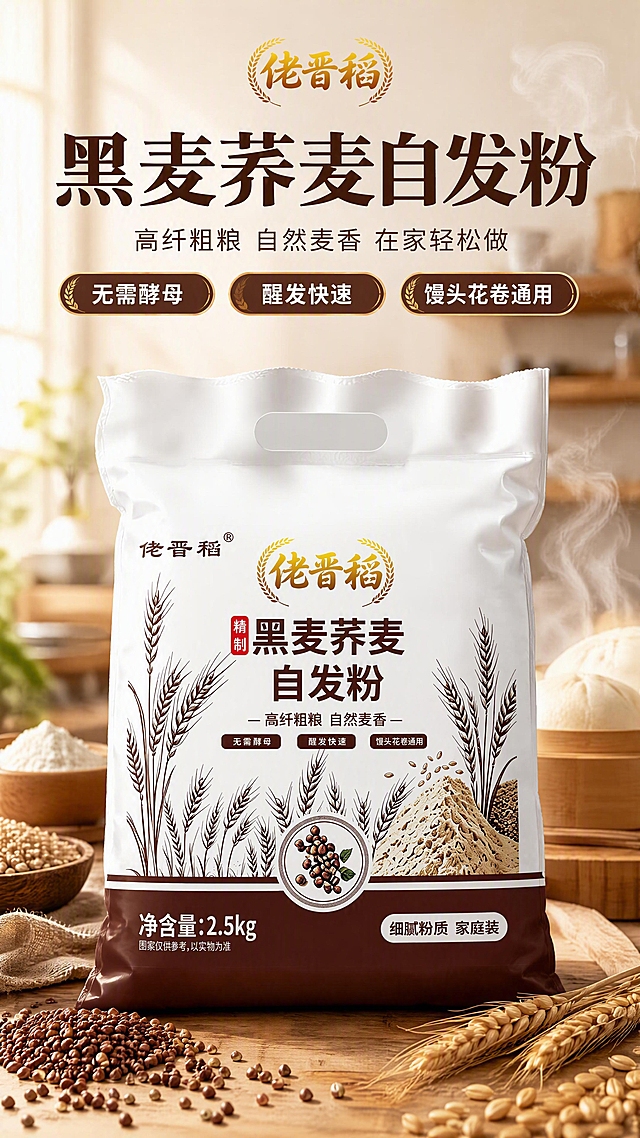 [商品] 使用【图1】佬晋稻黑麦荞麦自发粉2.5kg袋装；保留白色袋身、深棕底部、金色麦穗Logo、"佬晋稻"品牌名、"精制黑麦荞麦自发粉"产品名、"高纤粗粮 自然麦香"标语、三个卖点标签（无需酵母/醒发快速/馒头花卷通用）、荞麦粒圆形图标、粉堆与麦穗插画、净含量2.5kg字样；商品处理：清晰化包装文字，修正透视至正面微仰角度，增强袋身立体感与材质质感，不改变原有图案和文字。
[画面] 目标：食欲氛围头图，建立健康粗粮主食第一印象。构图：上文下图，产品占画面60%，居中偏下放置；前景散落黑麦粒、荞麦粒与新鲜麦穗，中景为产品包装袋，背景为虚化的暖调厨房餐桌与木质案板，蒸汽轻飘营造刚出炉氛围。阅读动线从上至下，顶部标题区，中部产品主体，底部原料点缀。
[视觉] 套系策略：风格=家常烟火气粮油商业摄影；标题字=粗黑体带轻微衬线（宋体骨架），稳重有食欲；正文字=简洁无衬线体；主色=深棕麦褐；背景延展=基于深棕麦褐做深浅层级、同色渐变和细腻麦粉/木质纹理质感；强调色=麦穗金，仅用于小面积图标、引线和标签；标题色=深棕褐；正文色=中暖灰；组件=圆角浅米信息卡、细线引线、麦穗装饰元素；光影=左前侧暖柔光，自然窗光感。
[文字] 顶部居中主标题「黑麦荞麦自发粉」，副标题「高纤粗粮 自然麦香 在家轻松做」，下方3个短卖点胶囊：「无需酵母」「醒发快速」「馒头花卷通用」；文字区不遮挡产品主体Logo和产品名。
[规格] 图片比例9:16竖版，4K分辨率，medium质量，避免变形、错字、文字过小、冷蓝/蓝灰背景、包装文字错乱、产品颜色改变。